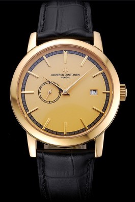 Swiss Vacheron Constantin Patrimony Contemporaine Gold Case Gold Dial Black Leather Bracelet 622683