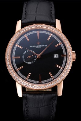 Swiss Vacheron Constantin Patrimony Contemporaine Gold Diamond Case Black Dial Black Leather Bracelet 622687