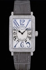 Franck Muller Long Island Classic White Dial Diamonds Case Black Leather Band 622371