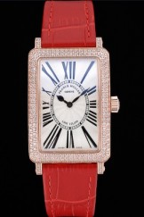 Franck Muller Long Island Classic White Dial Diamonds Case Red Leather Band 622375