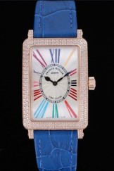 Franck Muller Long Island Classic White Dial Diamonds Case Blue Leather Band 622376