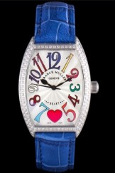 Franck Muller Heart Diamond Silver Bezel Blue Leather Band 621588