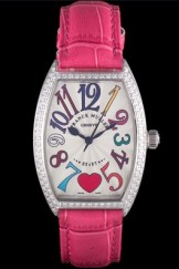 Franck Muller Heart Diamond Silver Bezel Pink Leather Band 621589