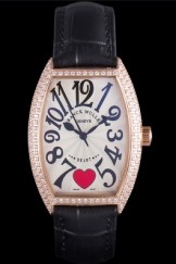 Franck Muller Heart Diamond Gold Bezel Black Leather Band 621590