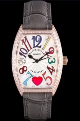 Franck Muller Heart Diamond Gold Bezel Grey Leather Band 621591