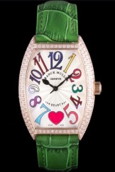Franck Muller Heart Diamond Gold Bezel Green Leather Band 621593