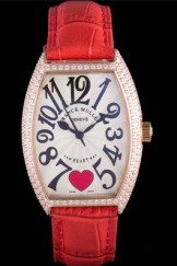 Franck Muller Heart Diamond Gold Bezel Red Leather Band 621594