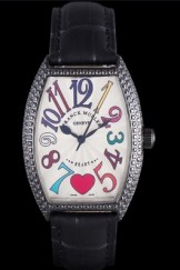 Franck Muller Heart Diamond Silver Bezel Black Leather Band 621595