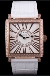 Franck Muller Master Square Diamond Encrusted Rose Gold Bezel White Croco Bracelet 80285