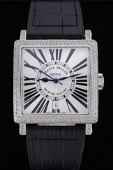 Franck Muller Master Square White Dial Diamonds Case Black Leather Band 622357