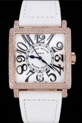 Franck Muller Master Square White Dial Diamonds Case White Leather Band 622361