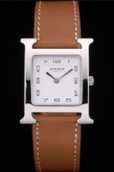Hermes Heure H Stainless Steel Polished Bezel Tan Leather Strap White Dial 80230