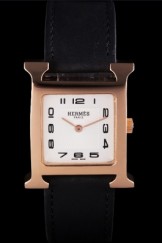 Hermes Heure H Rose Gold Bezel Black Leather Strap White Dial 80235