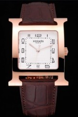 Hermes Heure H White Dial Gold Case Brown Leather Strap