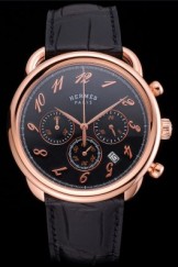 Hermes Arceau Black Dial Gold Case Black Leather Strap