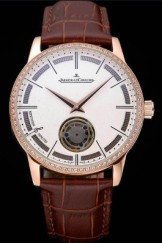 Jaeger-LeCoultre Master Flying Tourbillon White Dial Steel Case With Diamonds Brown Leather Strap 622779