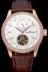 Jaeger-LeCoultre Master Tourbillon Dualtime White Dial Gold Case With Diamonds Brown Leather Strap 622782