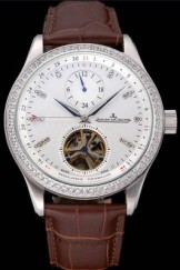 Jaeger-LeCoultre Master Tourbillon Dualtime White Dial Steel Case With Diamonds Brown Leather Strap 622781