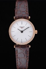 Longines La Grande Classique Diamond Bezel White Dial Brown Leather Strap Femme 622114