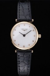 Longines La Grande Classique White Dial Black Leather Strap Diamond Markers Femme 622118