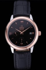 Omega DeVille Prestige Black Dial Gold Case Black Leather Bracelet 622596