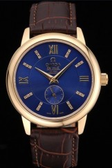 Omega DeVille Prestige Small Seconds Blue Dial Gold Case Brown Leather Bracelet 622601