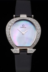Omega Ladies Watch Pearl Dial Stainless Steel Case With Diamonds Black Leather Strap 622828