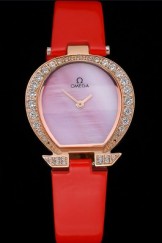 Omega Ladies Watch Pink Dial Gold Case With Diamonds Red Leather Strap 622831