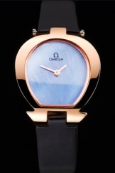 Omega Ladies Watch Sky Blue Dial Gold Case Black Leather Strap 622821