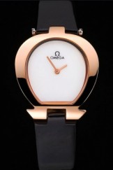 Omega Ladies Watch White Dial Gold Case Black Leather Strap 622820