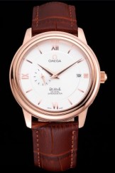 Omega De Ville Prestige Co-Axial White Dial Rose Gold Case Brown Leather Strap Roman Numeral
