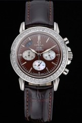 Omega De Ville Chronograph Brown Dial Stainless Steel Diamond Case Brown Leather Bracelet 622456