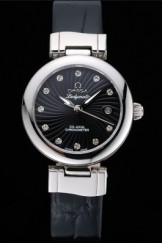 Omega Ladymatic Black Dial Black Leather Bracelet 622458