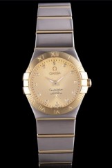 Swiss Lady Omega Constellation Stainless Steel Bracelet Golden Dial 80292