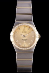 Swiss Lady Omega Constellation Crystal Encrusted Bezel Golden Dial 80293