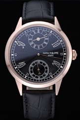 Patek Philippe Geneve Two Dial Black Dial Rose Gold Bezel Black Leather Band 622146