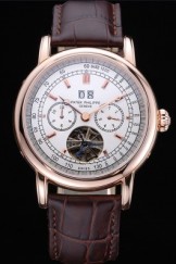 Patek Philippe Geneve Grand Complications White Dial Tourbillon Rose Gold Bezel Brown Band 622156
