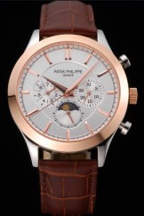 Patek Philippe Moonphase Chronograph White Dial Gold Case Brown Leather Strap 622843