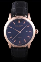 Patek Philipe Calatrava Roze Gold Polished Bezel Black Leather Bracelet 801432