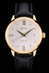 Piaget Swiss Traditional White Radial Pattern Dial Black Leather Strap 7635