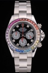 Rolex Daytona Cosmograph Rainbow Crystals Bezel Stainless Steep Strap Black Dial 80250