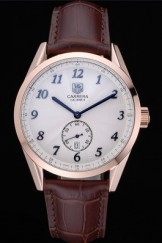 Tag Heuer Carerra Calibre 6 White Dial Blue Numbers Brown Leather Band 622160