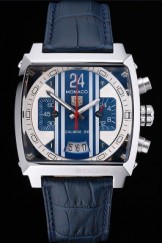 Tag Heuer Monaco 24 Calibre 36 Chronograph Blue And Grey Stripes Dial Blue Leather Strap 622273